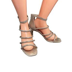 Bradshaw Metallic Silver Strappy Block Heel Sandals With Zipper Back Ankle Strap